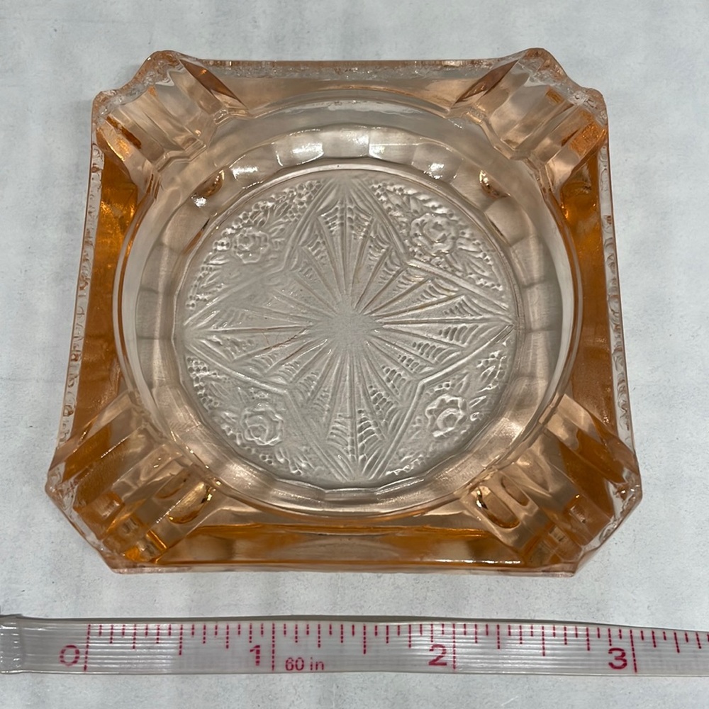 Vintage Depression Pink Pressed Starburst Floral Etching Square Glass Ashtray